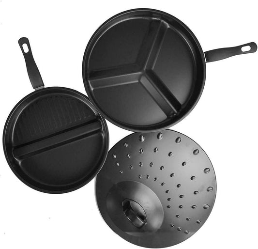 3 in 1 Divider Non-Stick Frying Pan Set for Healthy Breakfast Skillet Divided & Lid